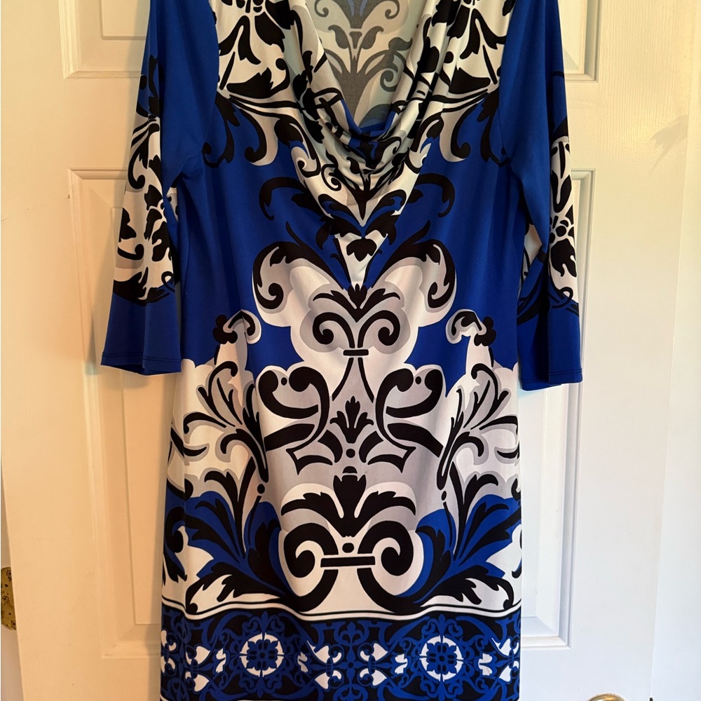 Madison Blue and White Cowl Neck Sheath Dress
